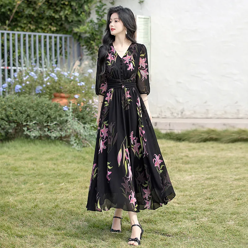 Cypress House Long Sleeved Dress Women's Black Pink Floral-4