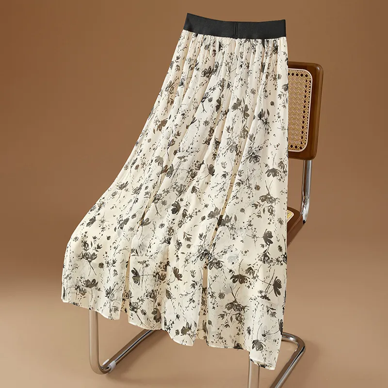 TOUCH Casual Long Skirt Women's Apricot Black Floral-3