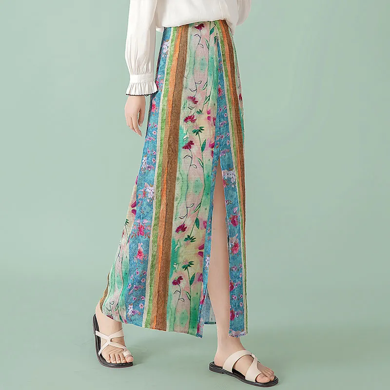 Cypress House Casual Long Skirt Women's Blue Green Stripes Flower-6
