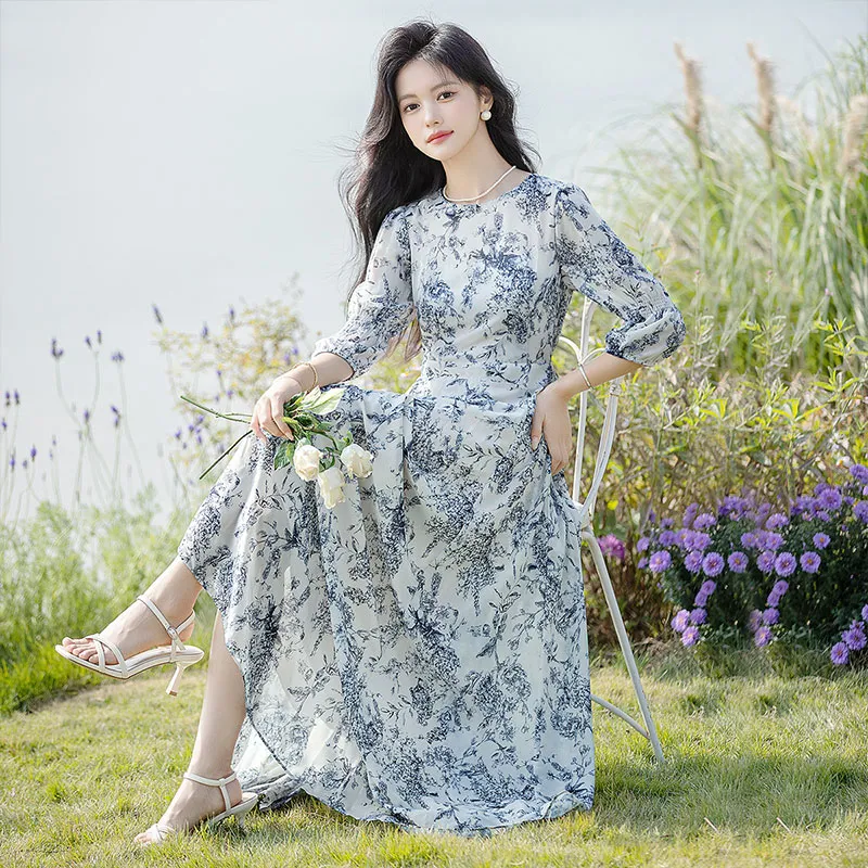 Cypress House Long Sleeved Dresses Women's Blue Floral-5