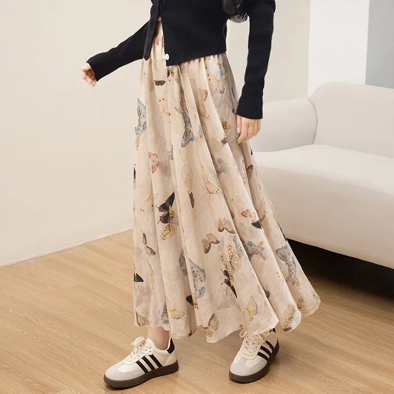 Cypress House Casual Long Skirt Women's Beige Butterfly-3