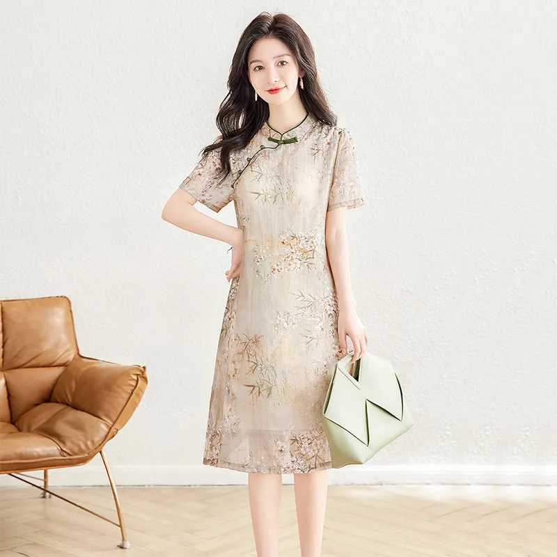 Cypress House Cheongsam Women's Gray Cyan Base With Heather Pattern-4
