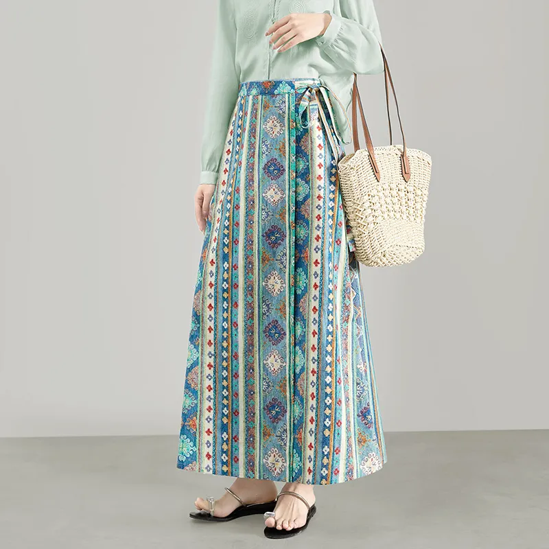 TOUCH Casual Long Skirt Women's Blue Green Multicolor-4