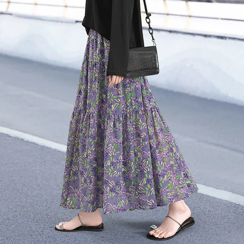 TOUCH Casual Long Skirt Women's Blue Floral-11