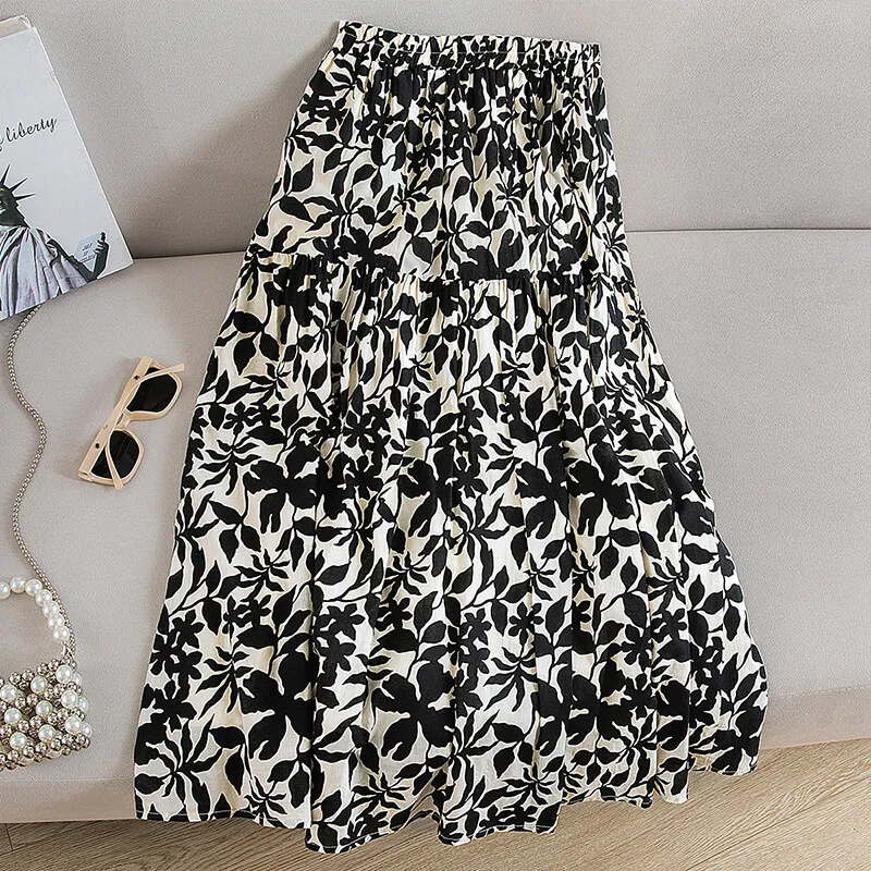 Cypress House Casual Long Skirt Women's Black Apricot Blossom-2