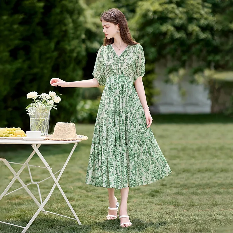 TOUCH Short Sleeved Dress With Collar Women's Beige With Green Print-2