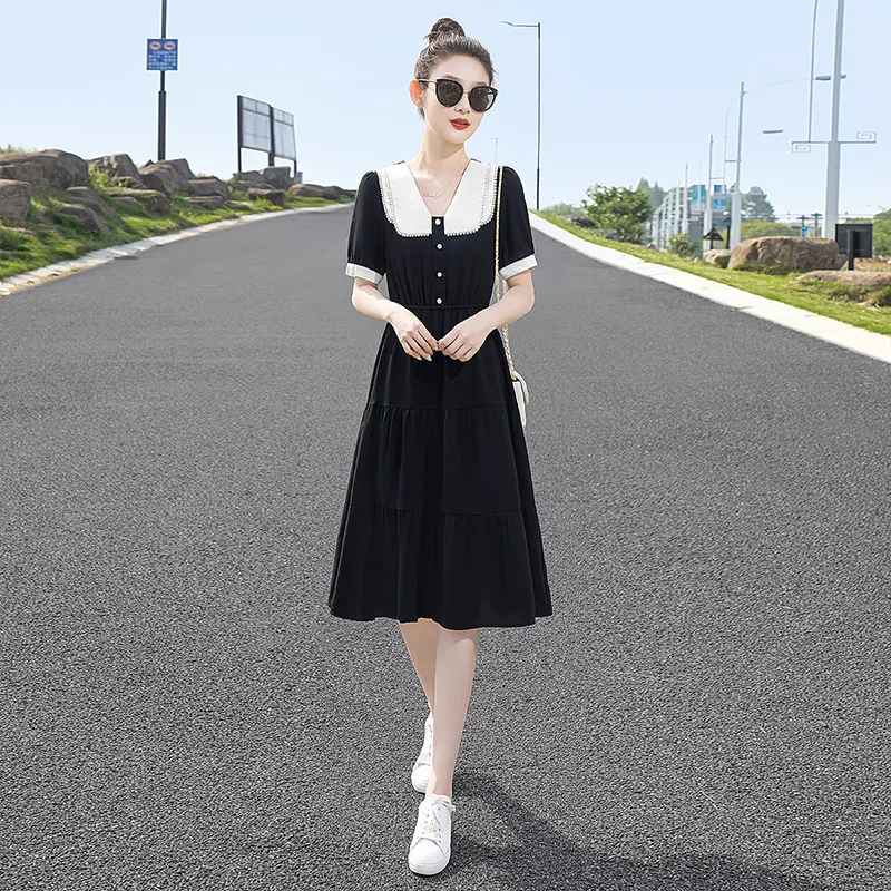 Cypress House Short Sleeved Dress Women's Black With Beige Collar-5