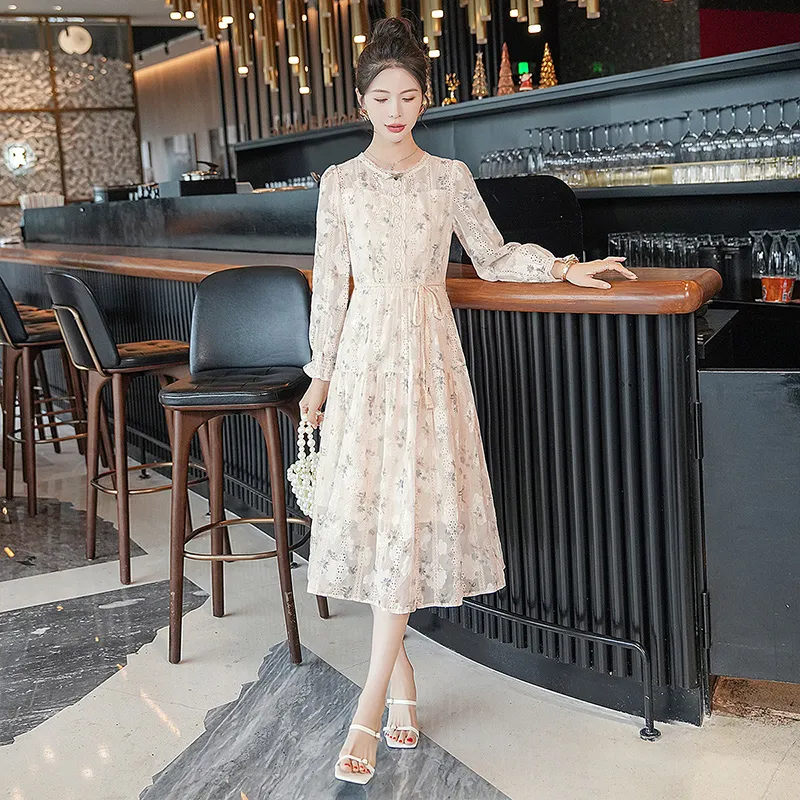 Cypress House Long Sleeved Dress Women's Apricot With Floral Print-5