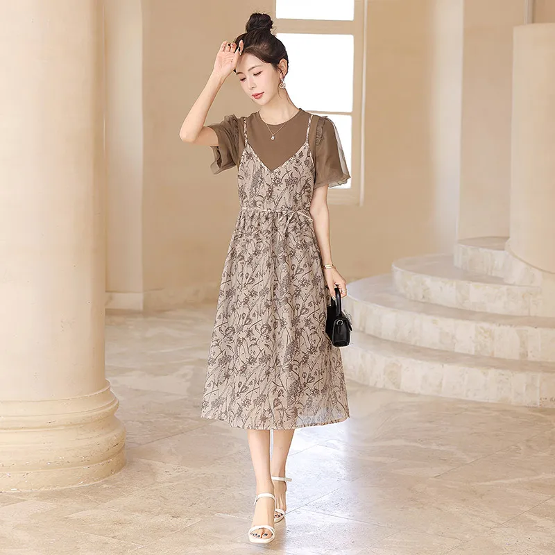 Cypress House Short Sleeved Dress Women's Dark Coffee With Beige And Floral-5