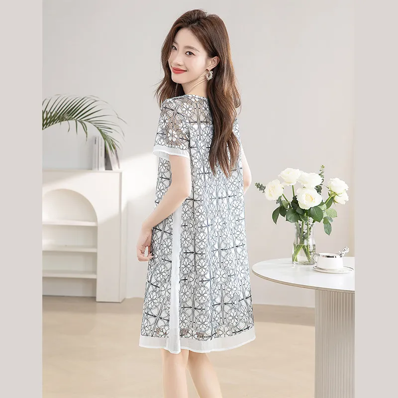 Cypress House Short-Sleeved Dresses Women's White Base Black Floral-5