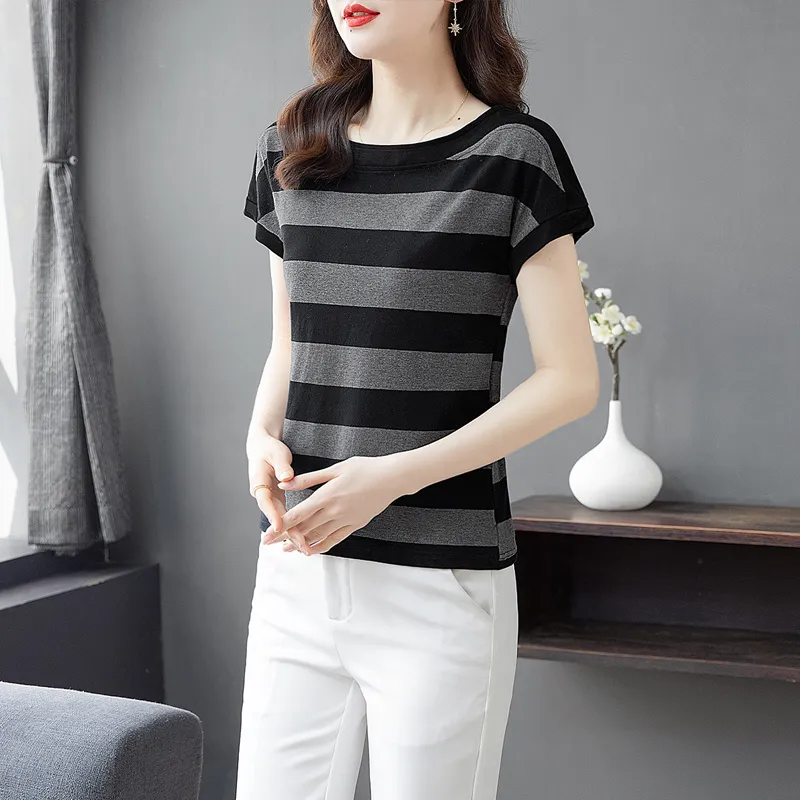 Cypress House T Shirt Women's Black Gray Stripes-3