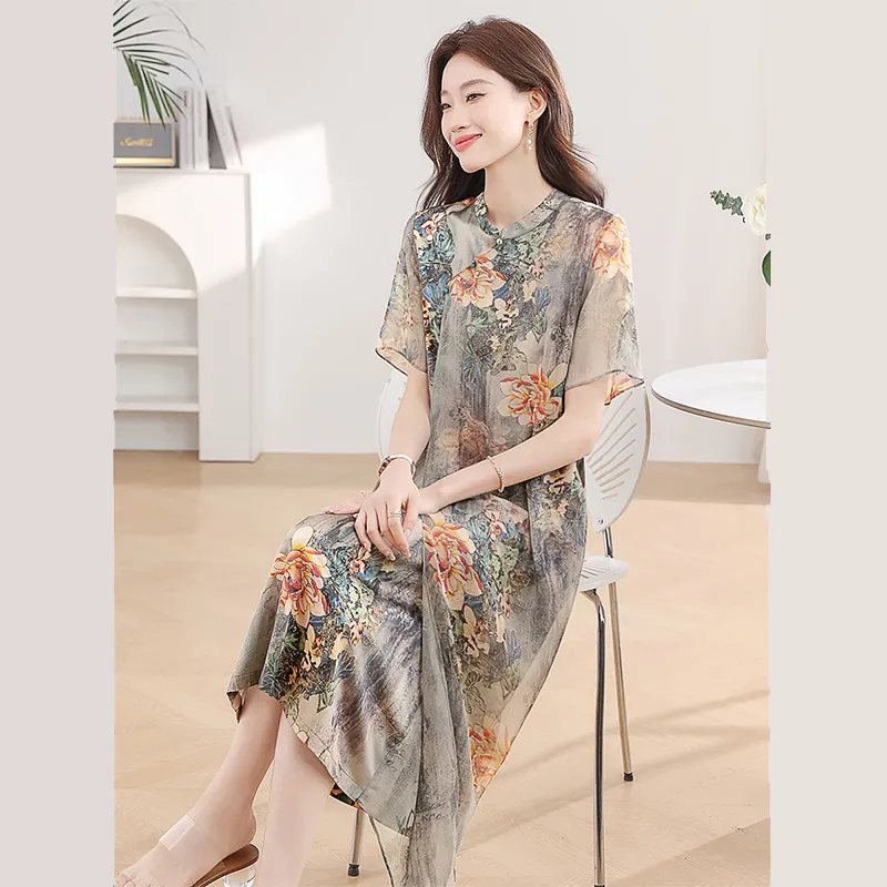 Cypress House Short-Sleeved Dresses Women's Gray Background With Orange Flowers-2