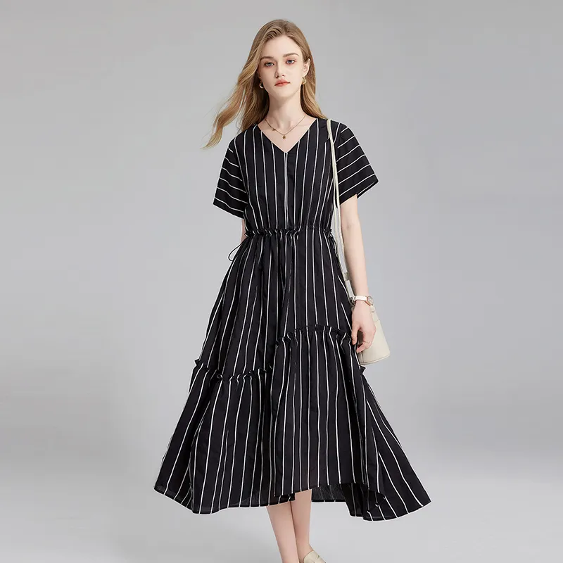 TOUCH Short Sleeved Dresses Women's Black Base With White Stripes-2
