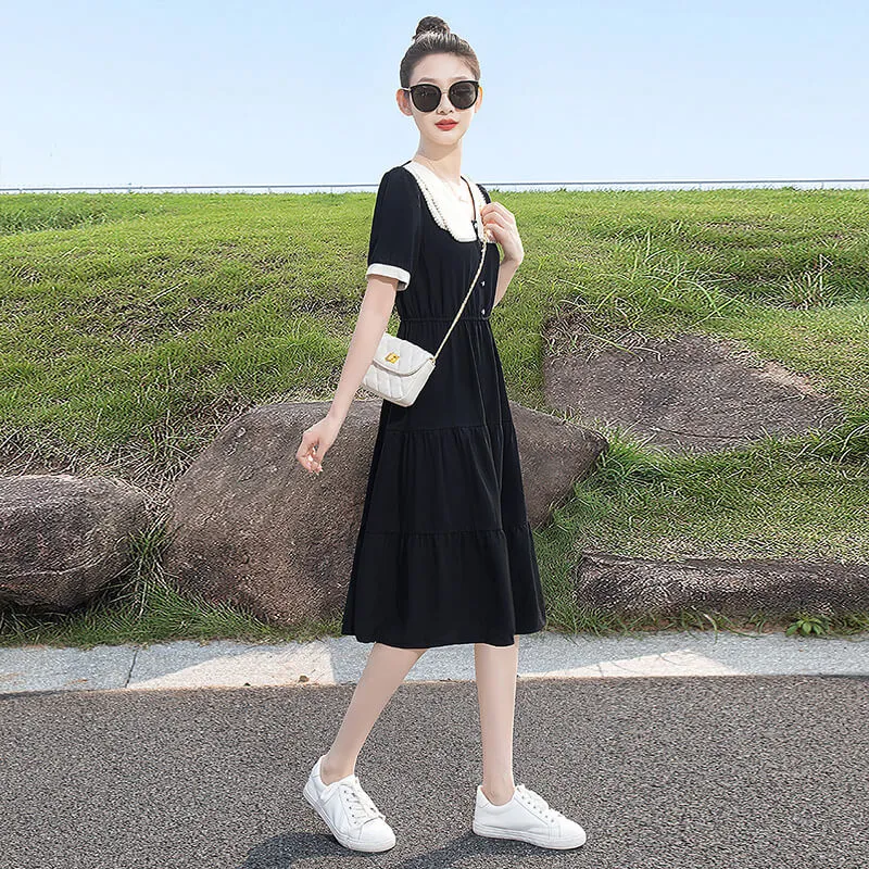 Cypress House Short Sleeved Dress Women's Black With Beige Collar-6