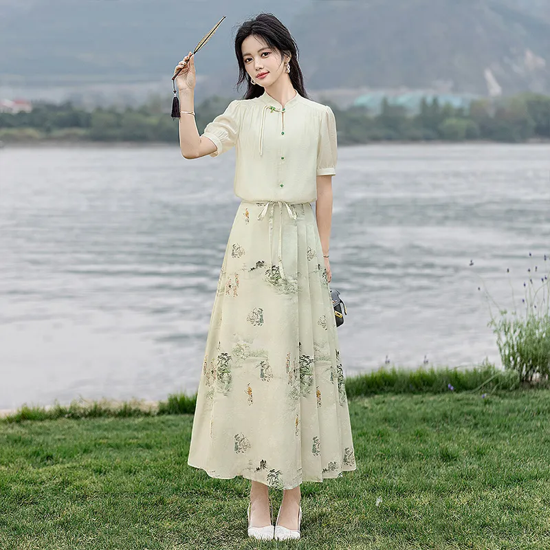 Cypress House Skirt Set Women's Apricot+Light Green Paint-2