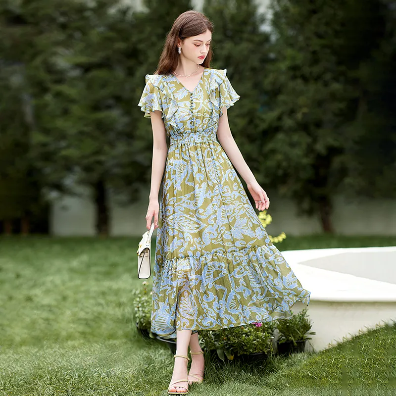 TOUCH Short Sleeved Dress Women's Green With Light Blue Floral-1