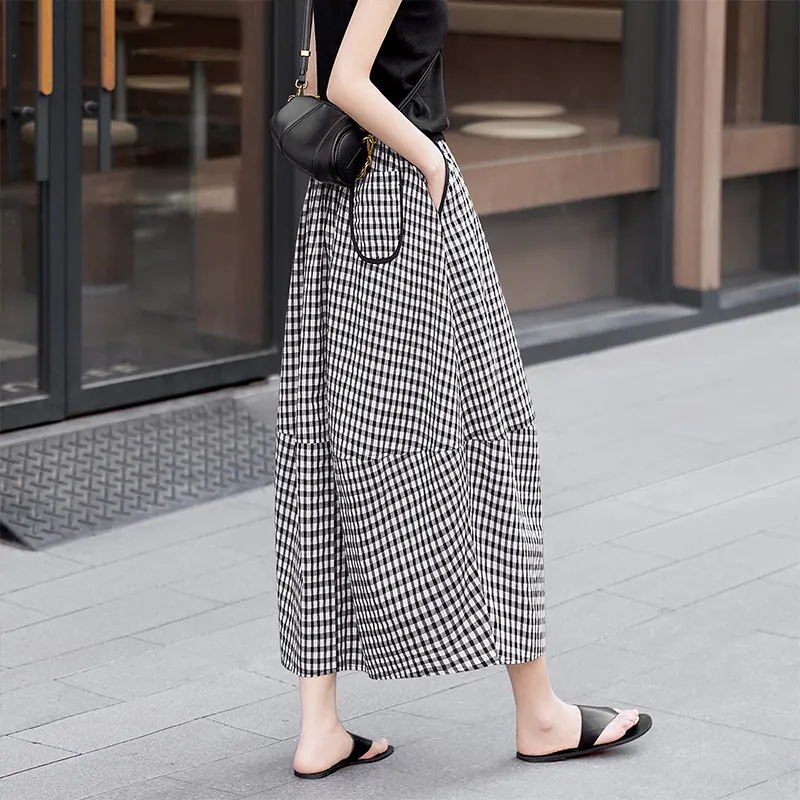 TOUCH Casual Long Skirt Women's Black White Plaid-3