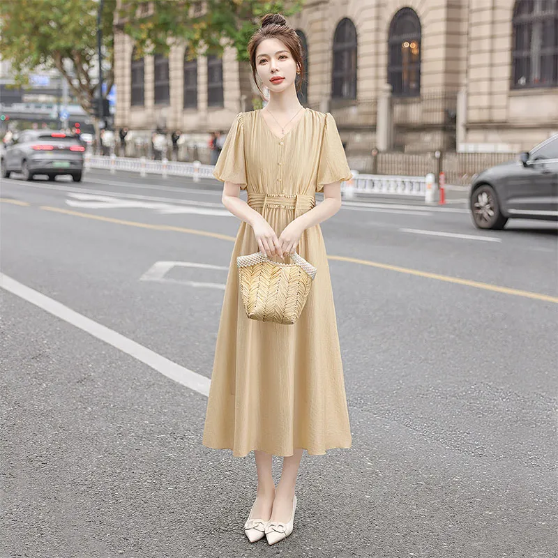 Cypress House Short Sleeved Dress Women's Khaki Yellow-5
