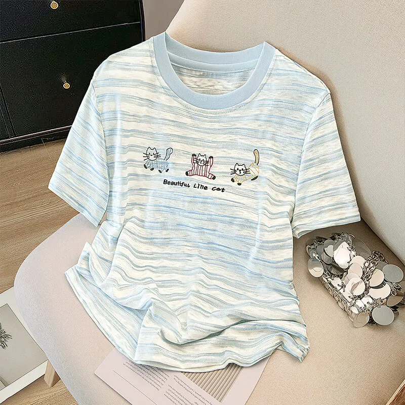 Cypress House T Shirts Women's Blue White Stripes-2