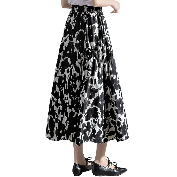 Cypress House Casual Long Skirt Women's Black With White Floral-1