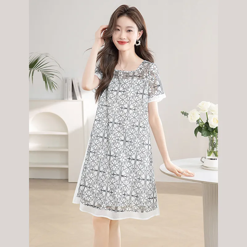 Cypress House Short-Sleeved Dresses Women's White Base Black Floral-4