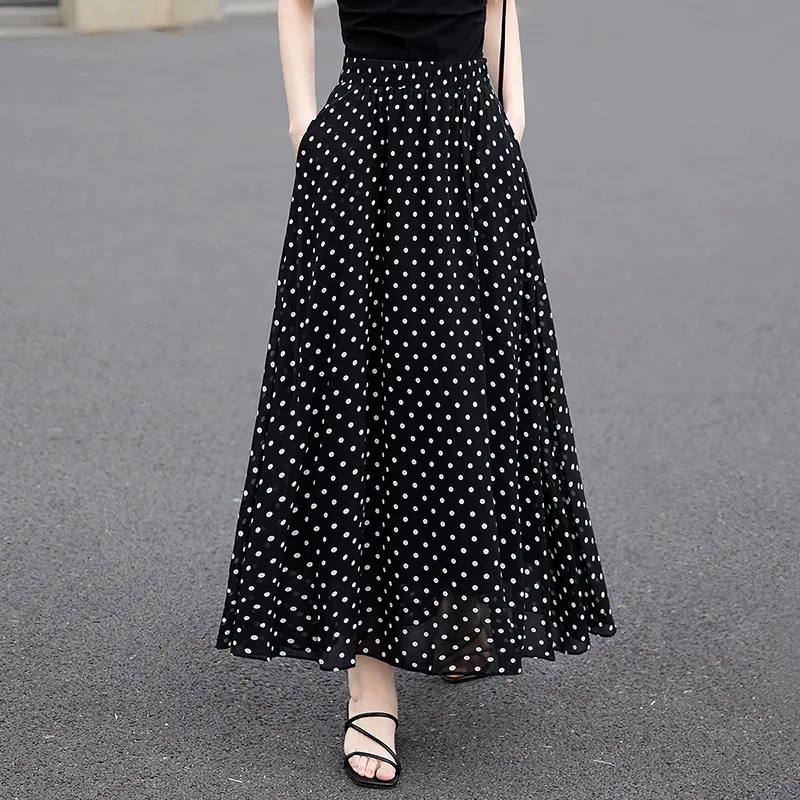 TOUCH Casual Long Skirts Women's Black Background With Polka Dots-2