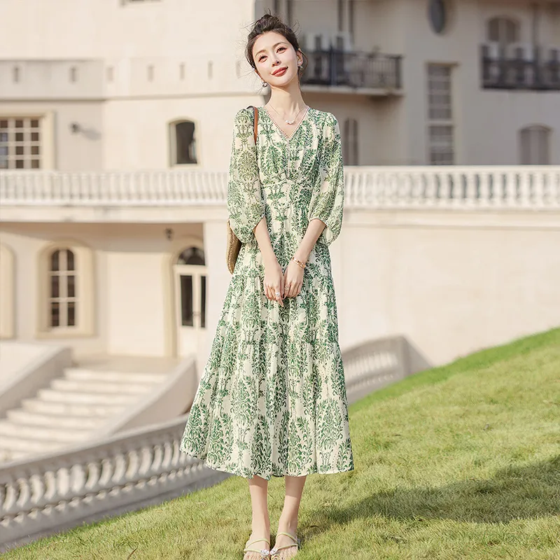 Cypress House Long Sleeved Dress Women's Beige With Green Print-5