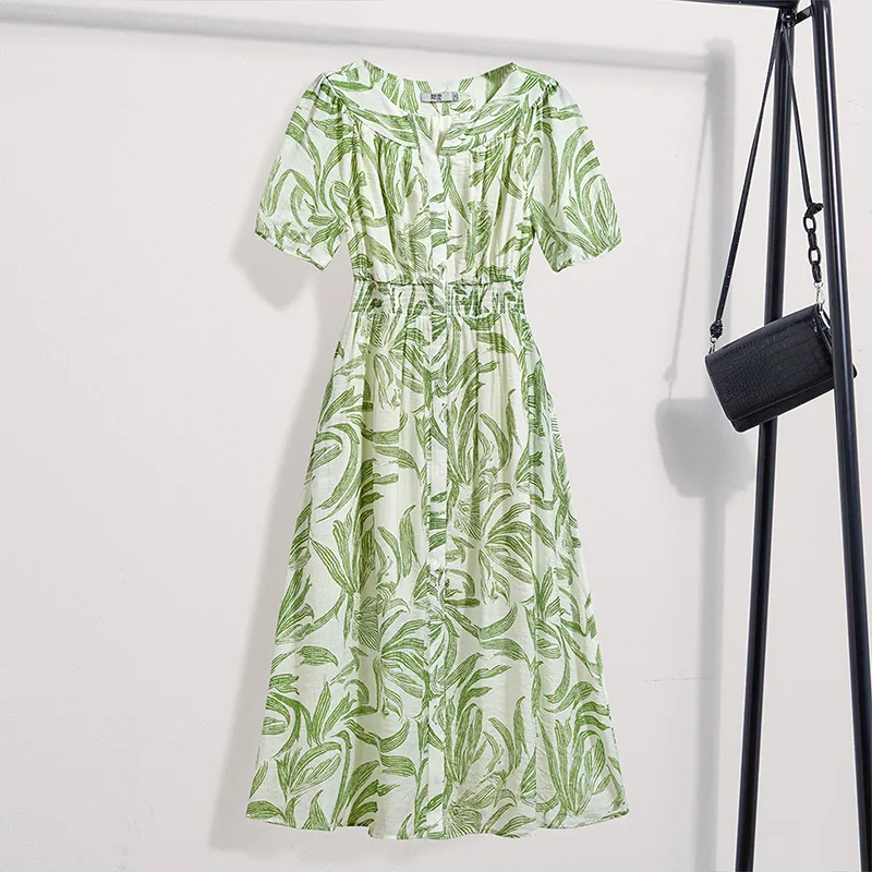 TOUCH Short Sleeved Dress Women's Beige With Green Leaf Print-2