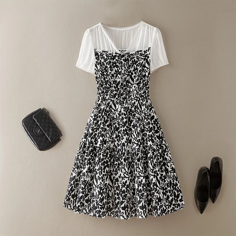Cypress House Short Sleeved Dress Women's Top Beige With Bottom Black Floral-2