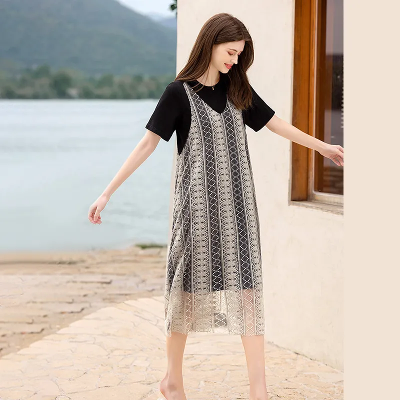 TOUCH Short Sleeved Dress Women's Black & Beige-5