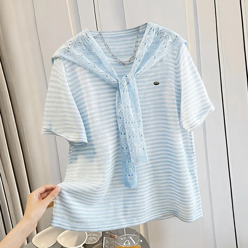 TOUCH Knitwear Women's Blue White Stripes-2