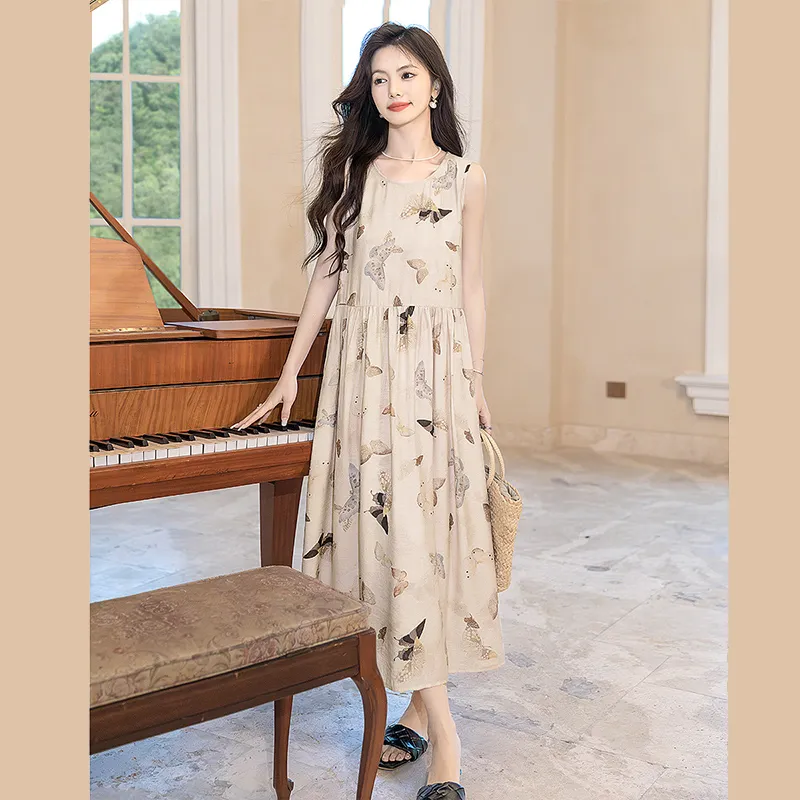 Cypress House Sleeveless Dress Women's Beige With Floral Butterfly-5
