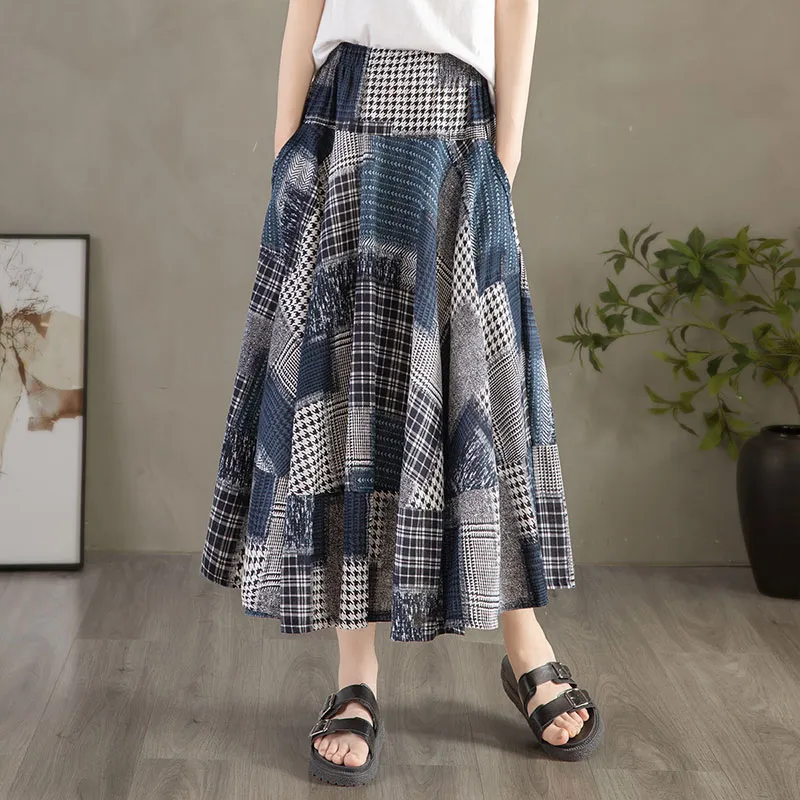 Cypress House Casual Long Skirt Women's Black White Blue Plaid-4
