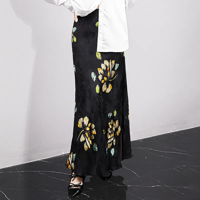 Cypress House Casual Long Skirt Women's Black Yellow Floral-4