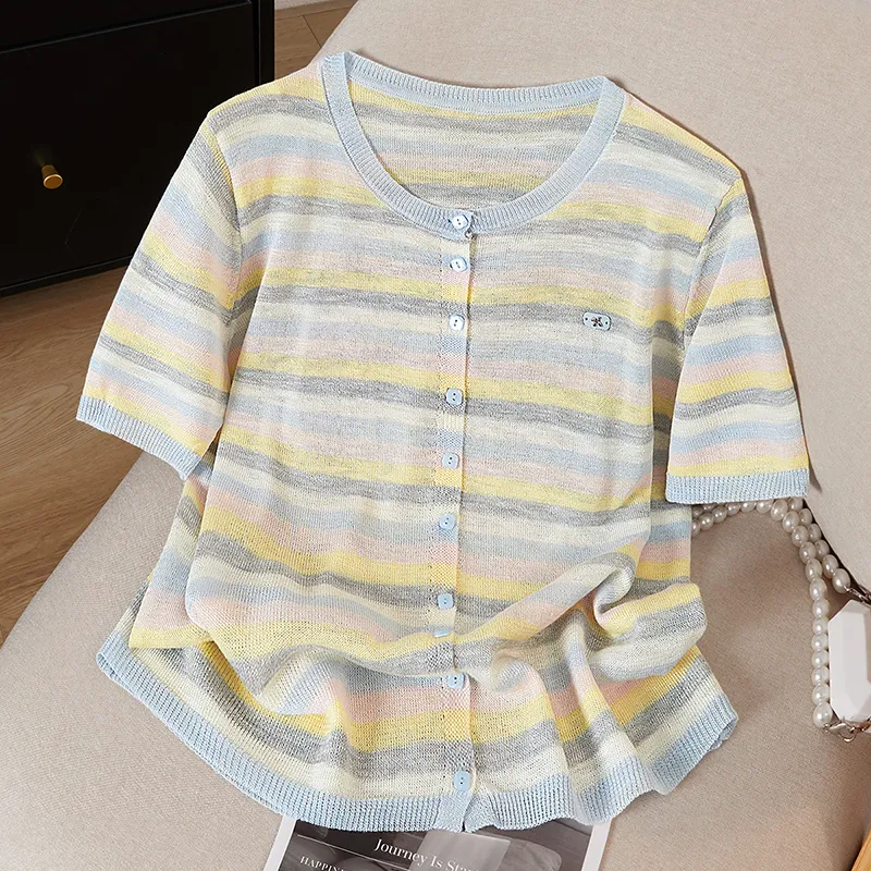 TOUCH Knitwear Women's Blue Collar Color Stripes-2