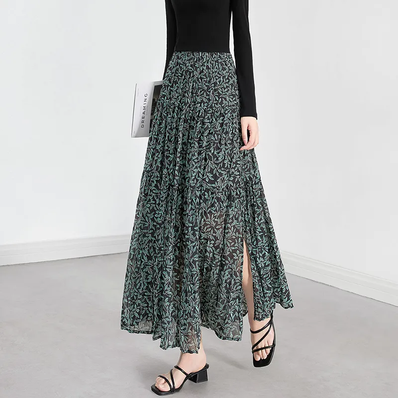 TOUCH Casual Long Skirt Women's Black Sole Green Leaf-2