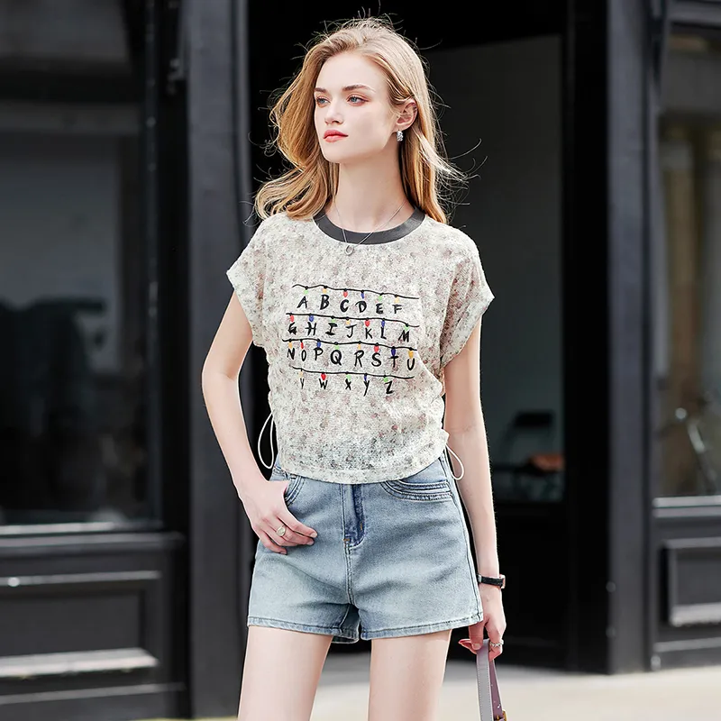 TOUCH T Shirt Women's Beige Base With Pink Purple Flowers-2