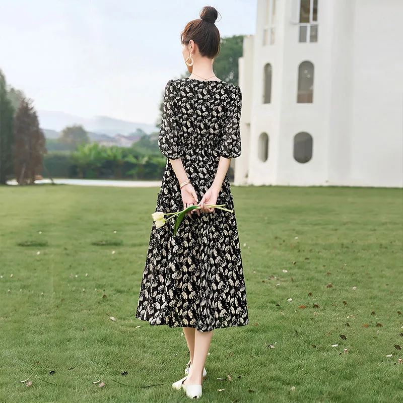 Cypress House Short Sleeved Dress Women's Black With Beige Floral-2