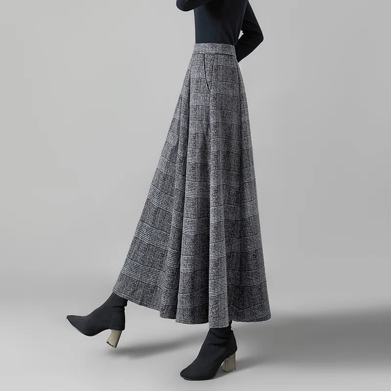 TOUCH Casual Long Skirts Women's Black Gray Plaid-2