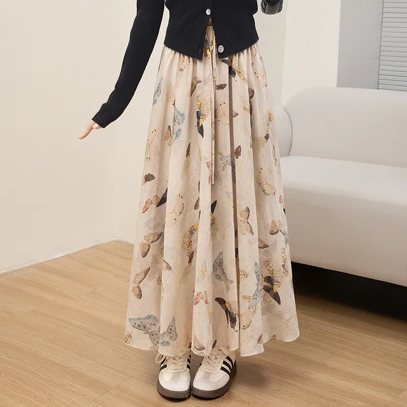 Cypress House Casual Long Skirt Women's Beige Butterfly-6