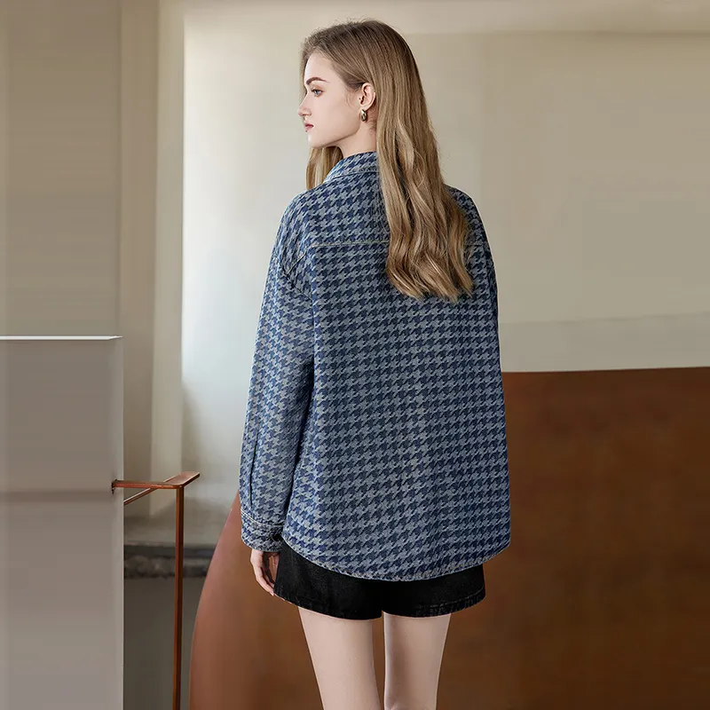 TOUCH Cropped Coats Women's Blue Houndstooth-3