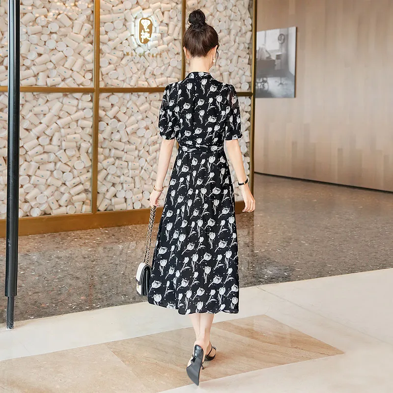 Cypress House Short-Sleeved Dresses Women's Black Background Light Gray Floral-1