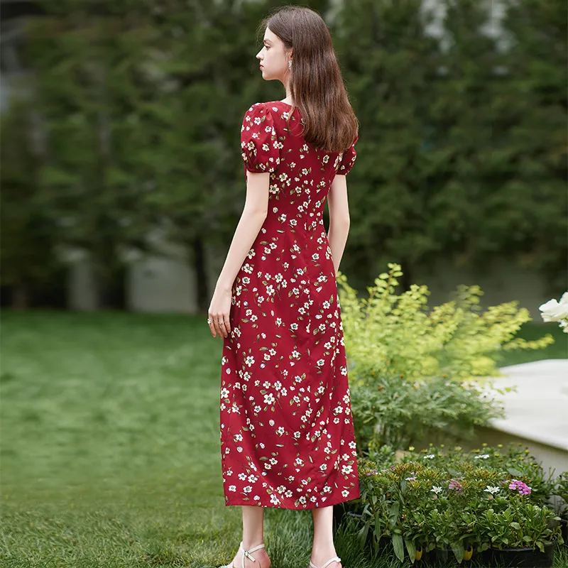 TOUCH Short Sleeved Dress Women's Red With Beige Green Floral-2