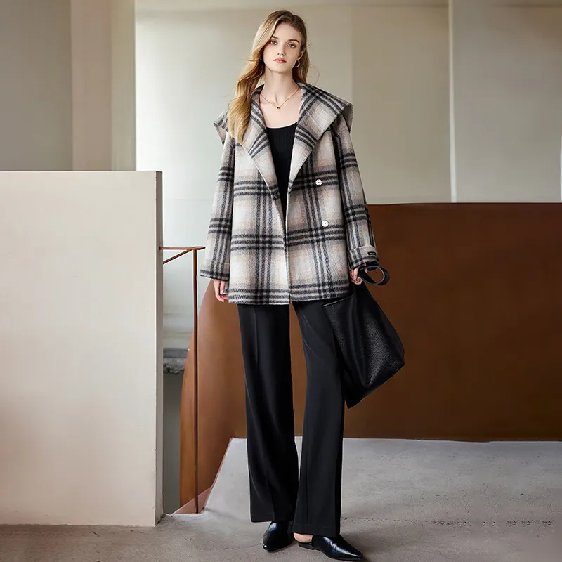 TOUCH Cropped Coats Women's Black Beige Plaid-6