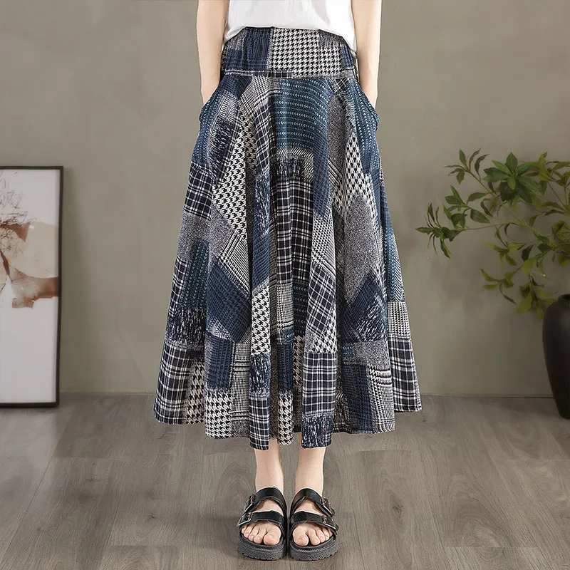 Cypress House Casual Long Skirt Women's Black White Blue Plaid-3