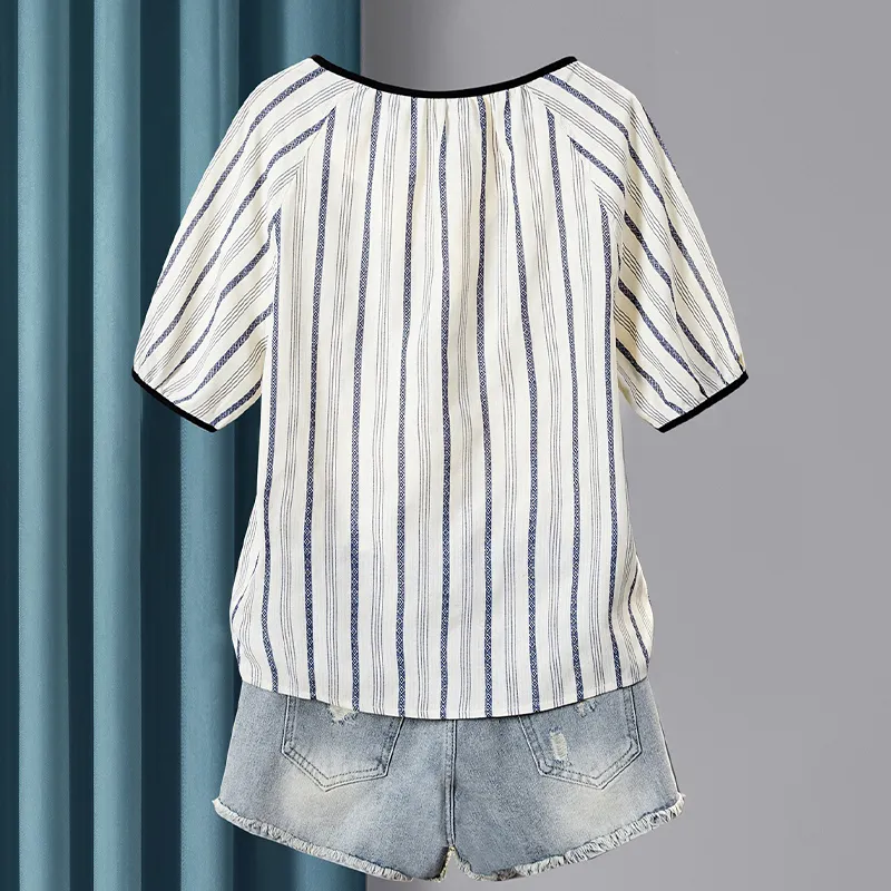 TOUCH Shirt Women's Beige With Blue Stripes-3
