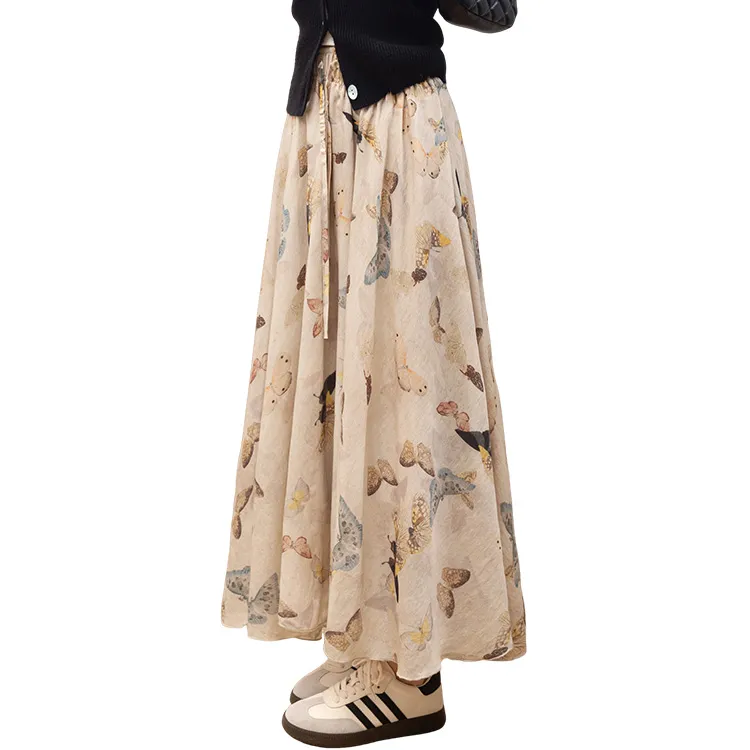 Cypress House Casual Long Skirt Women's Beige Butterfly-1