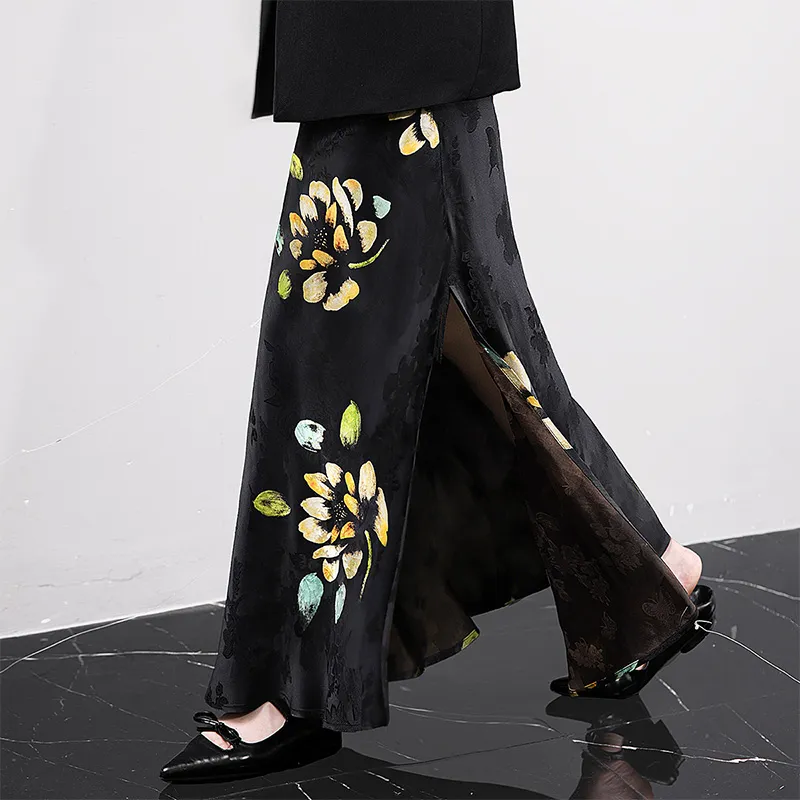 Cypress House Casual Long Skirt Women's Black Yellow Floral-2