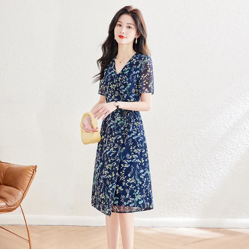 Cypress House Short Sleeved Dress Women's Navy Blue With Yellow Green Floral-5