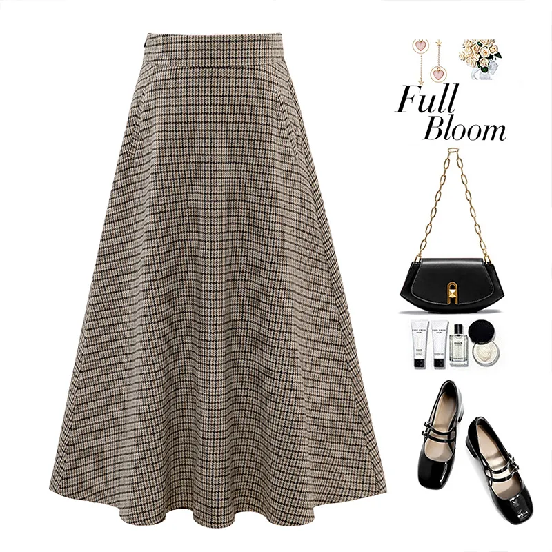 Cypress House Casual Long Skirt Women's Black Coffee Plaid-2